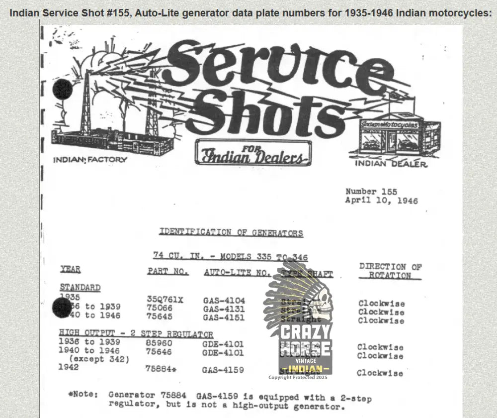 INDIAN GENERATOR SPECS AND MODELS THRU THE YEARS