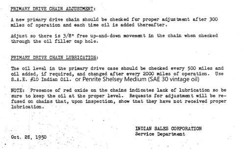 Indian Chief / Scout primary chain adjustment & lubrication