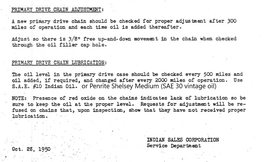 Indian Chief / Scout primary chain adjustment & lubrication